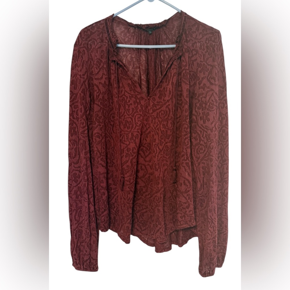Lucky Brand  Burgundy Textured Split Neck Peasant Tunic Semi Sheer Top L Tassels